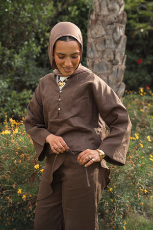 Linen Overskirt Wrap Pants in Brown