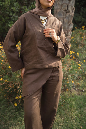 Linen Overskirt Wrap Blouse in Brown