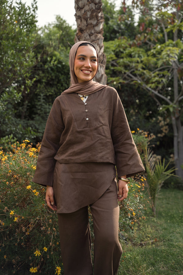 Linen Overskirt Wrap Pants in Brown