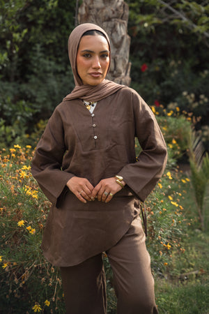 Linen Overskirt Wrap Blouse in Brown