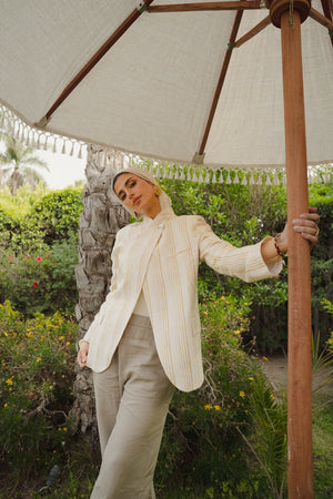Striped Linen Asymmetric Blazer in White X Pistachio