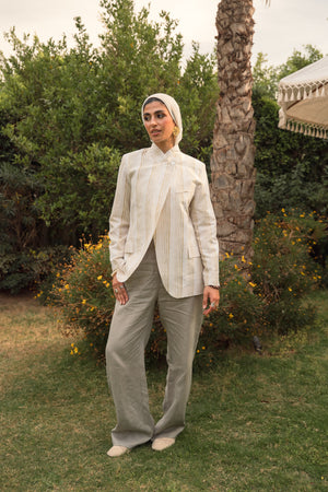 Striped Linen Asymmetric Blazer in White X Pistachio