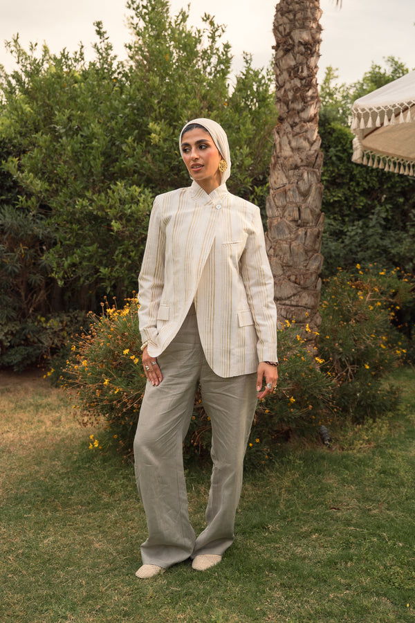 Striped Linen Asymmetric Blazer in White X Pistachio