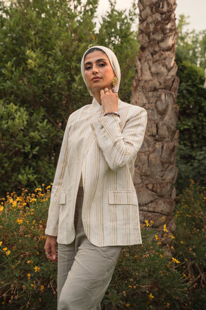 Striped Linen Asymmetric Blazer in White X Pistachio