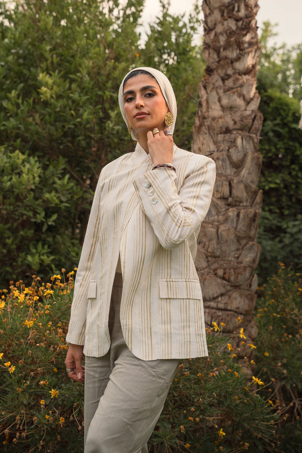 Striped Linen Asymmetric Blazer in White X Pistachio