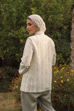 Striped Linen Asymmetric Blazer in White X Pistachio