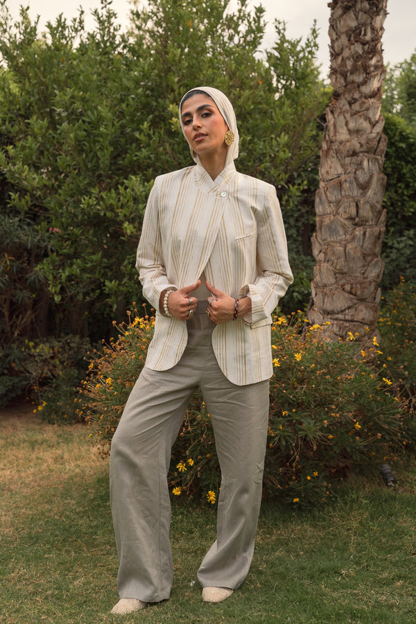 Striped Linen Asymmetric Blazer in White X Pistachio