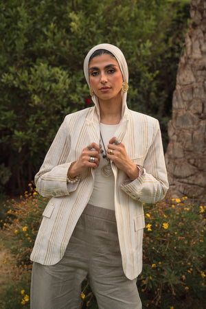 Striped Linen Asymmetric Blazer in White X Pistachio