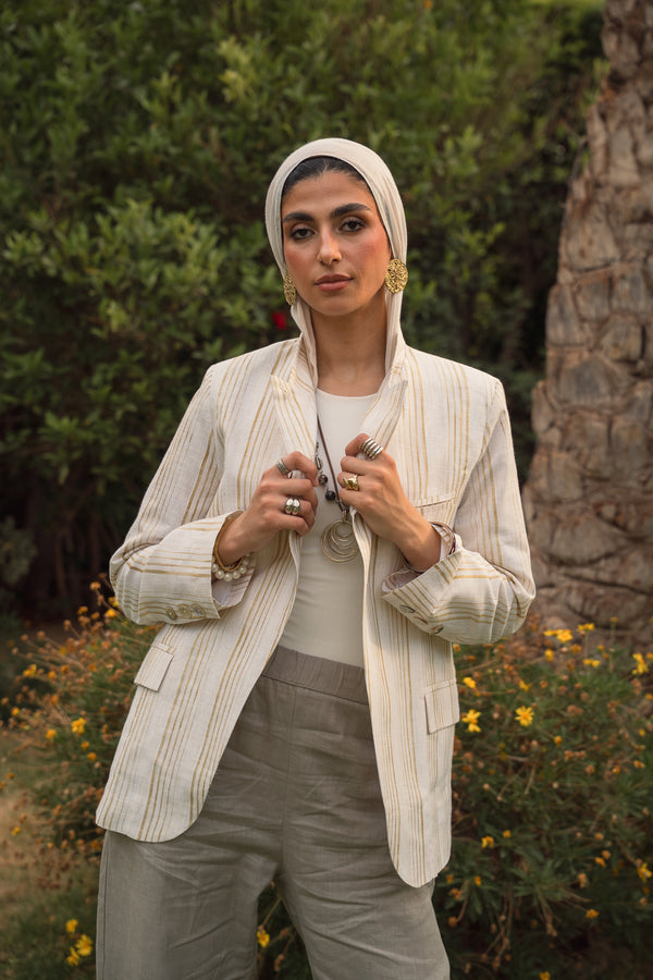 Striped Linen Asymmetric Blazer in White X Pistachio