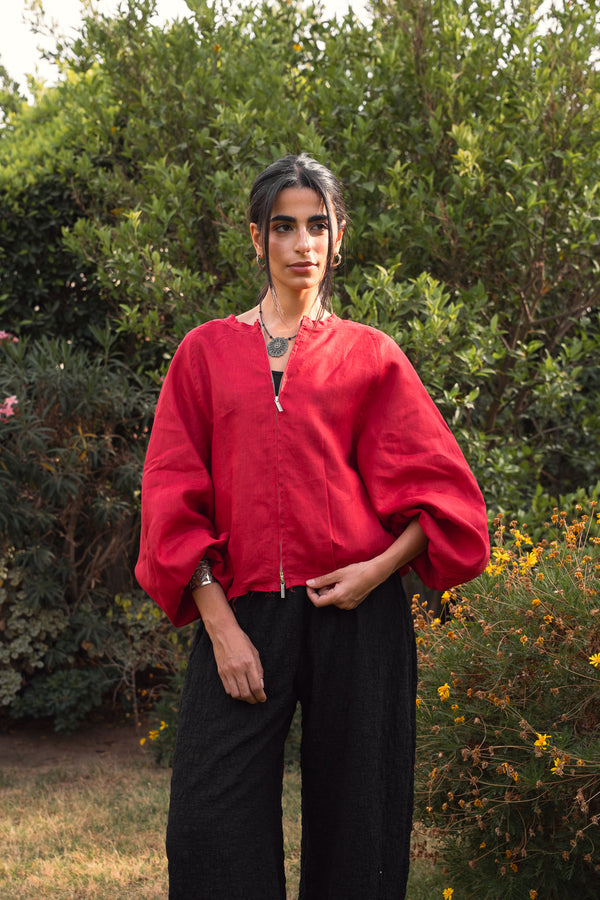 Linen Bomber Jacket in Red