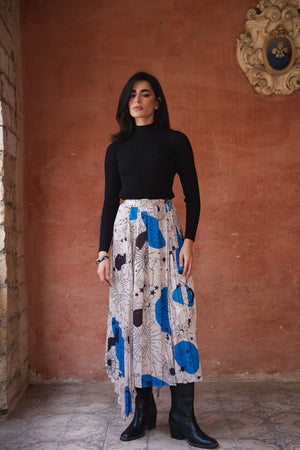 Pleated Satin Skirt in Blue Print