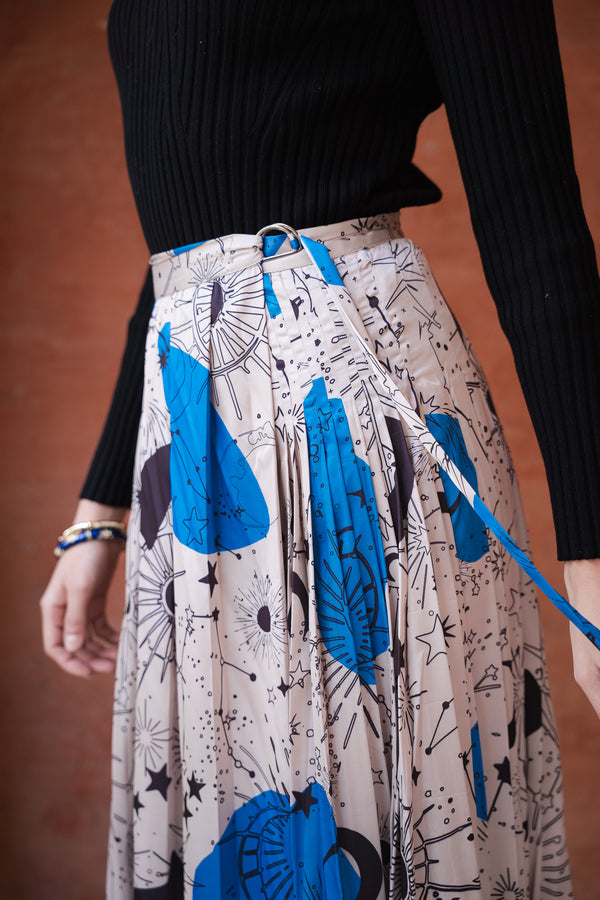 Pleated Satin Skirt in Blue Print