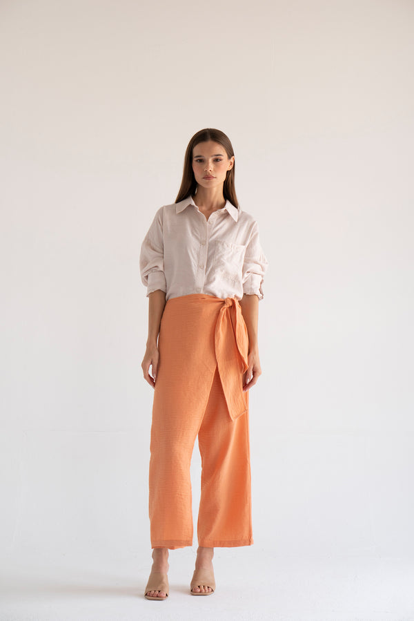 Side Tie Linen Pants in Peach