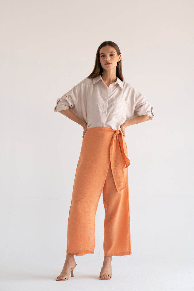 Side Tie Linen Pants in Peach