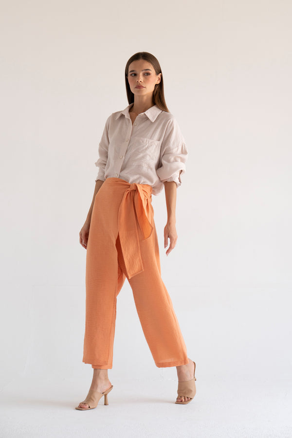Side Tie Linen Pants in Peach
