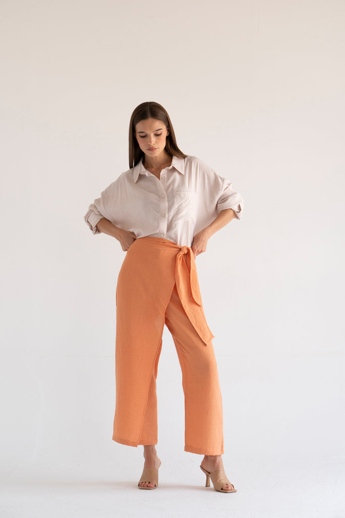 Side Tie Linen Pants in Peach