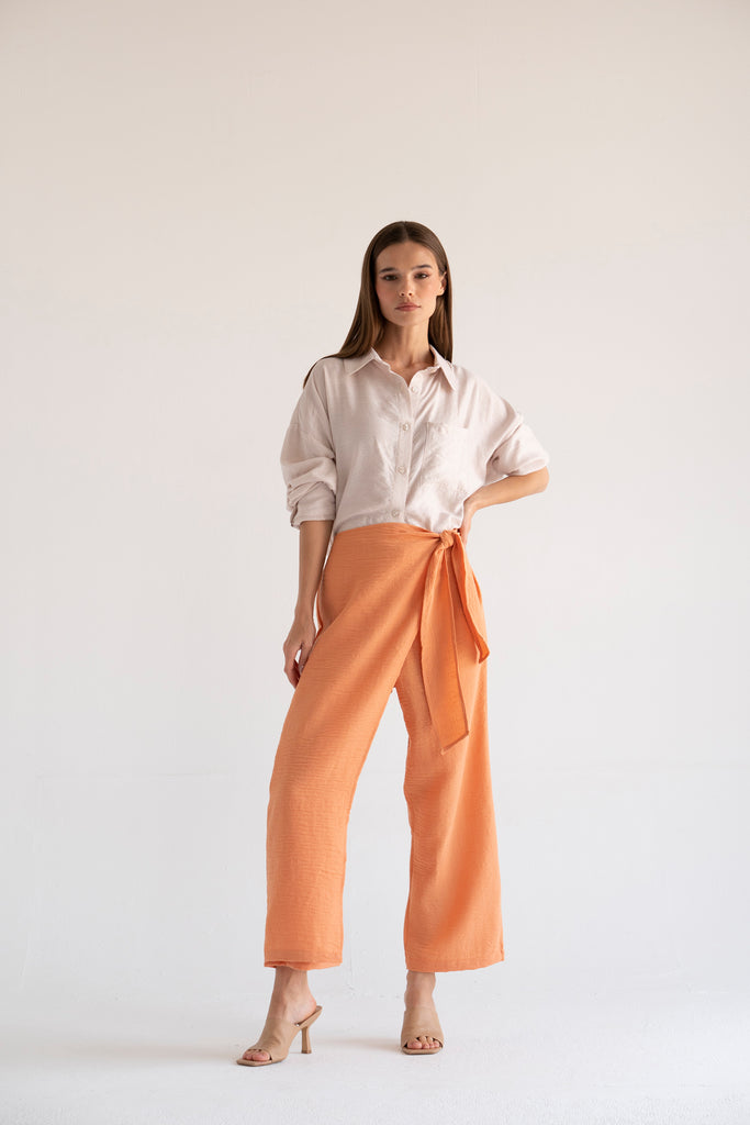 Side Tie Linen Pants in Peach