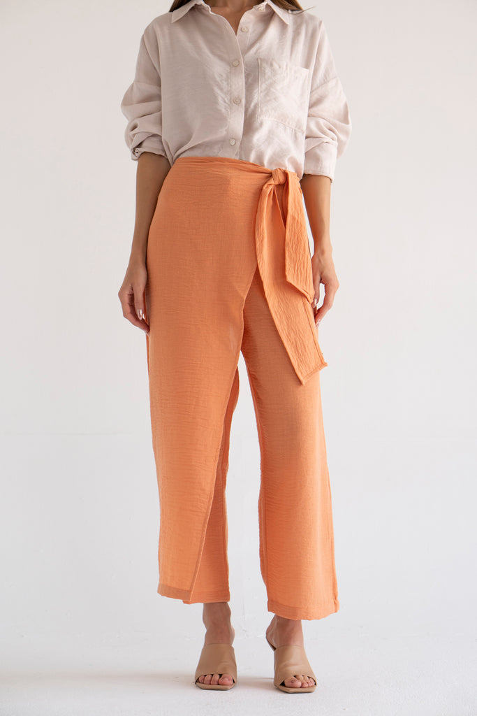 Side Tie Linen Pants in Peach