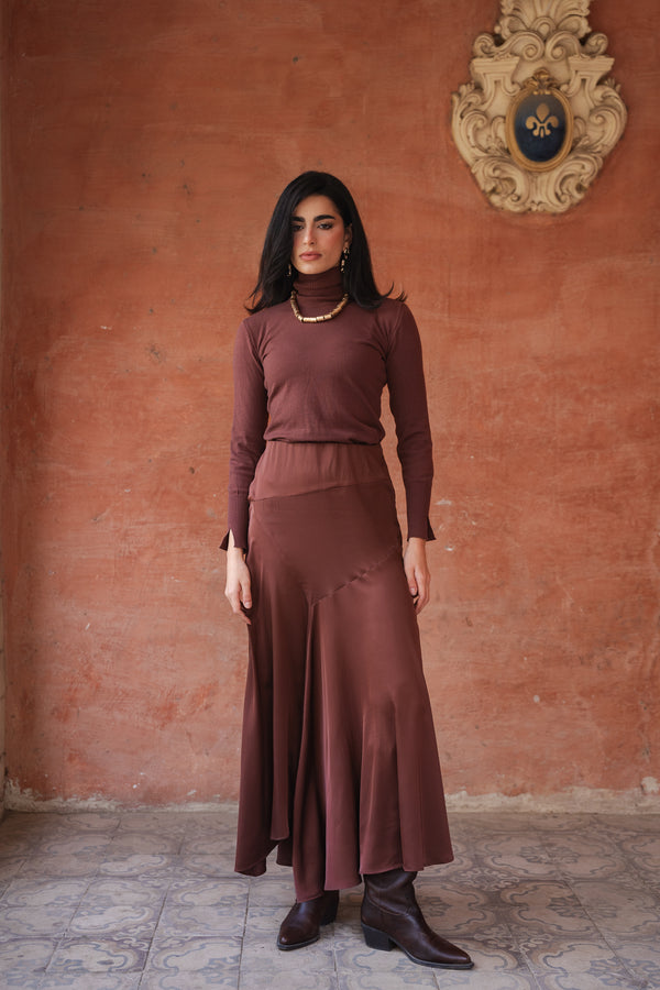 Multi Cut Skirt in Brown
