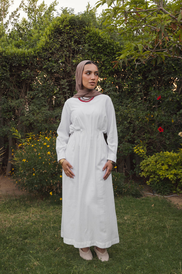 Linen Pleated Midi Dress in Off White