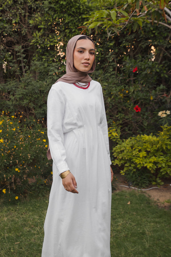 Linen Pleated Midi Dress in Off White