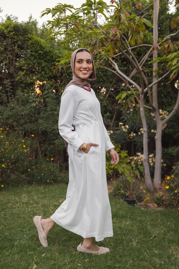 Linen Pleated Midi Dress in Off White