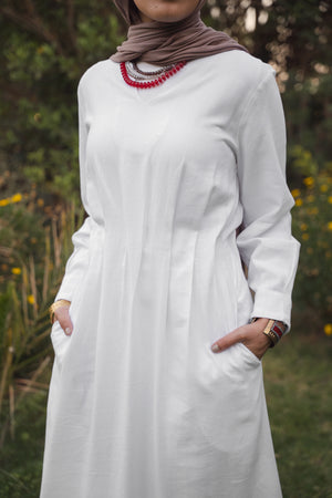 Linen Pleated Midi Dress in Off White