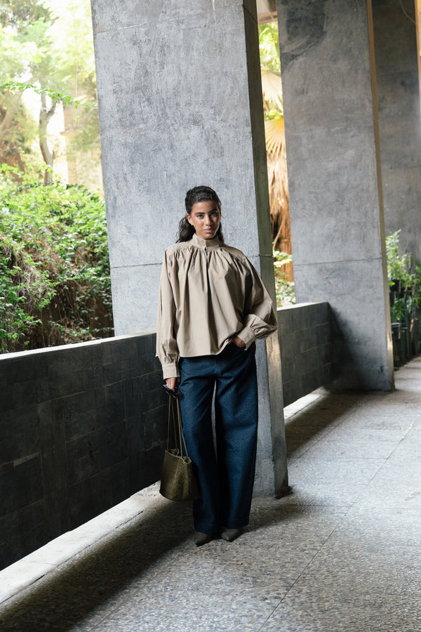 Gathered Poplin Blouse in Cafe