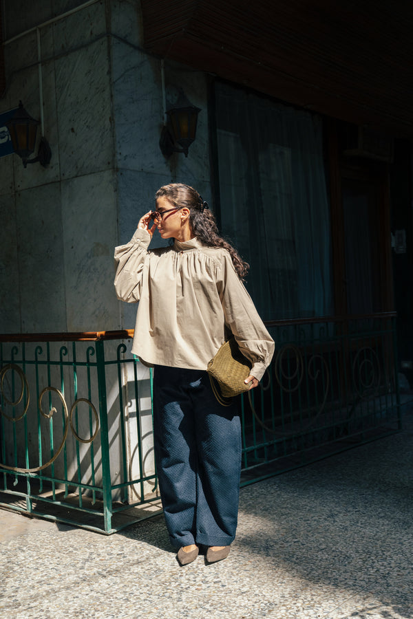 Gathered Poplin Blouse in Cafe