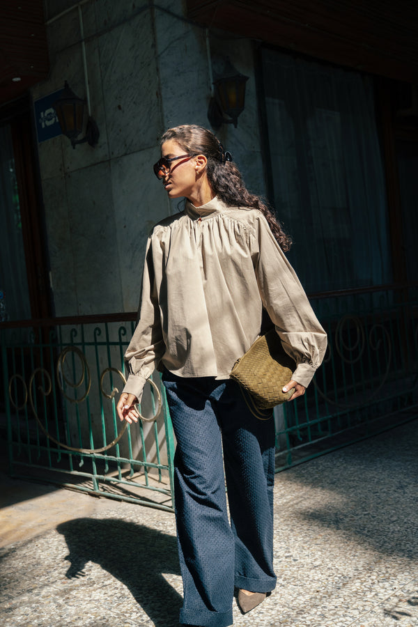 Gathered Poplin Blouse in Cafe