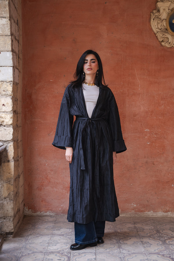 Crushed Taffeta Kaftan in Black