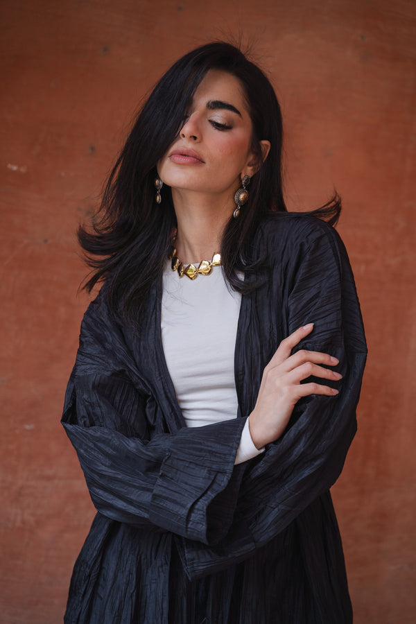 Crushed Taffeta Kaftan in Black