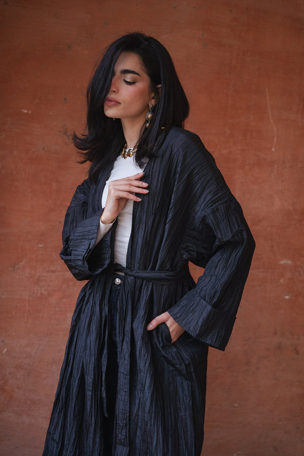 Crushed Taffeta Kaftan in Black
