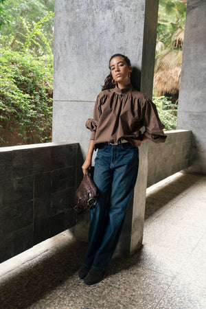 Gathered Poplin Blouse in Brown