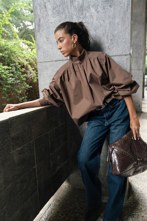 Gathered Poplin Blouse in Brown