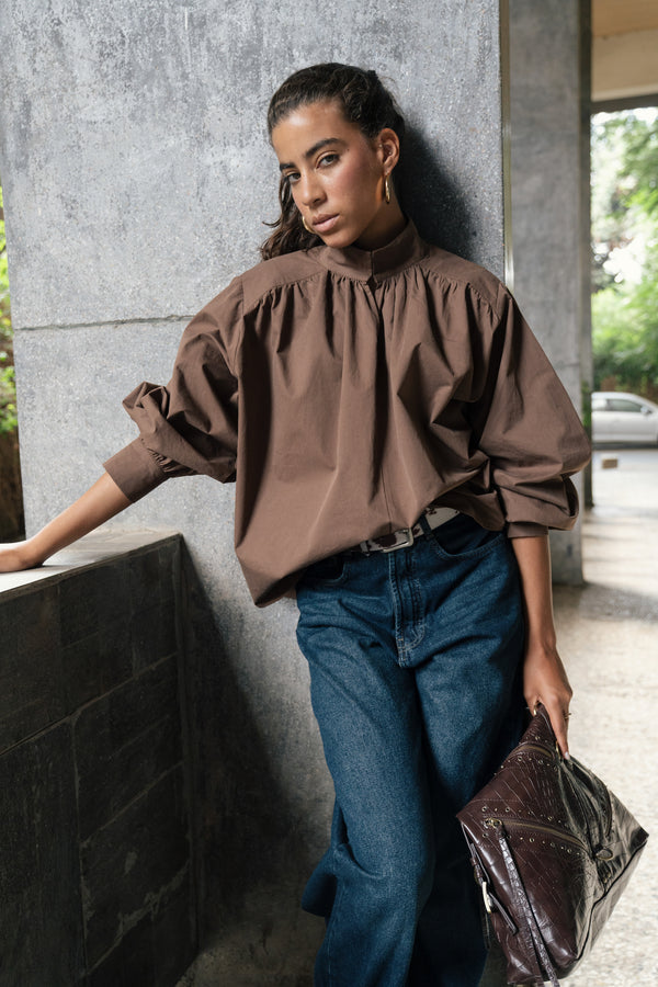 Gathered Poplin Blouse in Brown
