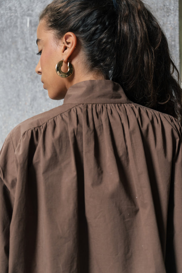 Gathered Poplin Blouse in Brown