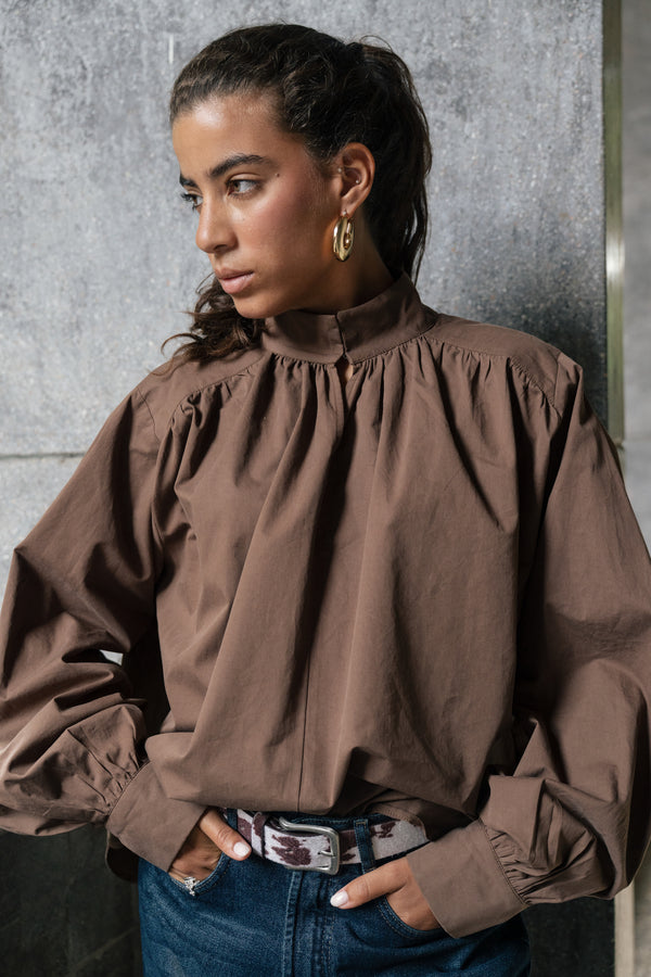 Gathered Poplin Blouse in Brown