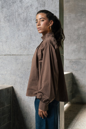 Gathered Poplin Blouse in Brown