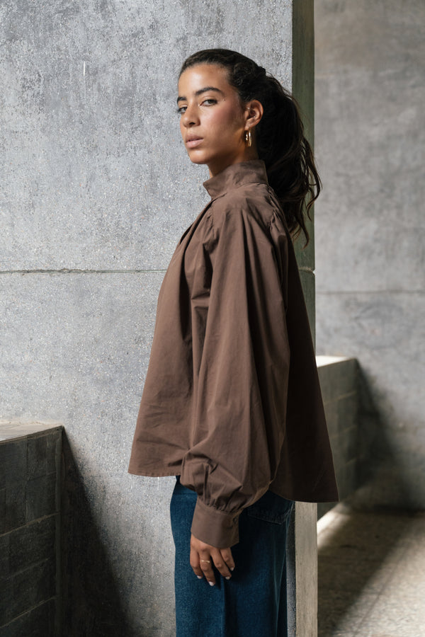 Gathered Poplin Blouse in Brown
