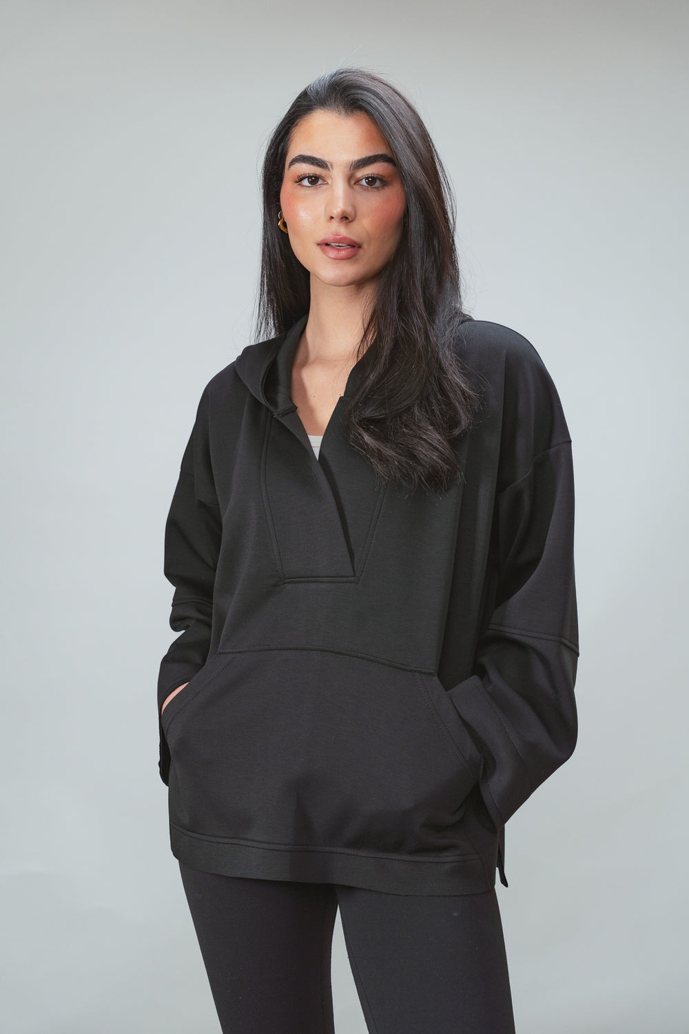 Ultra Soft V-Neck Hoodie in Black