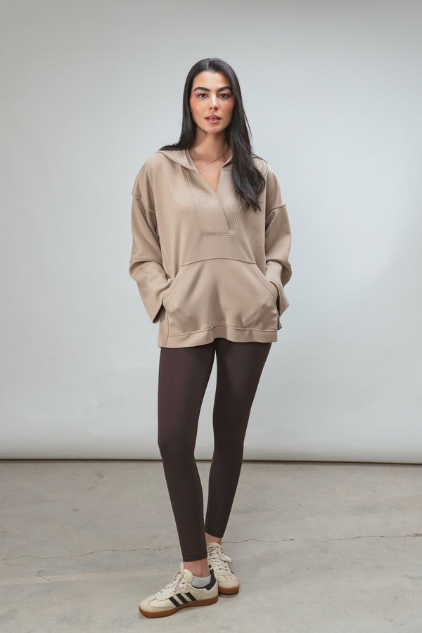 Ultra Soft V-Neck Hoodie in Beige