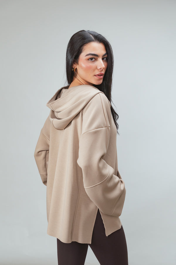 Ultra Soft V-Neck Hoodie in Beige