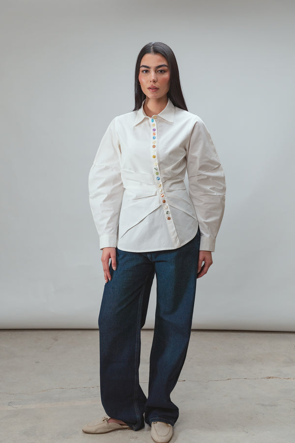 Multicolored Button Up Shirt in White