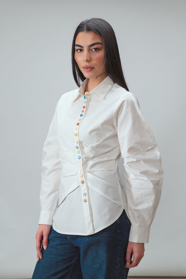 Multicolored Button Up Shirt in White