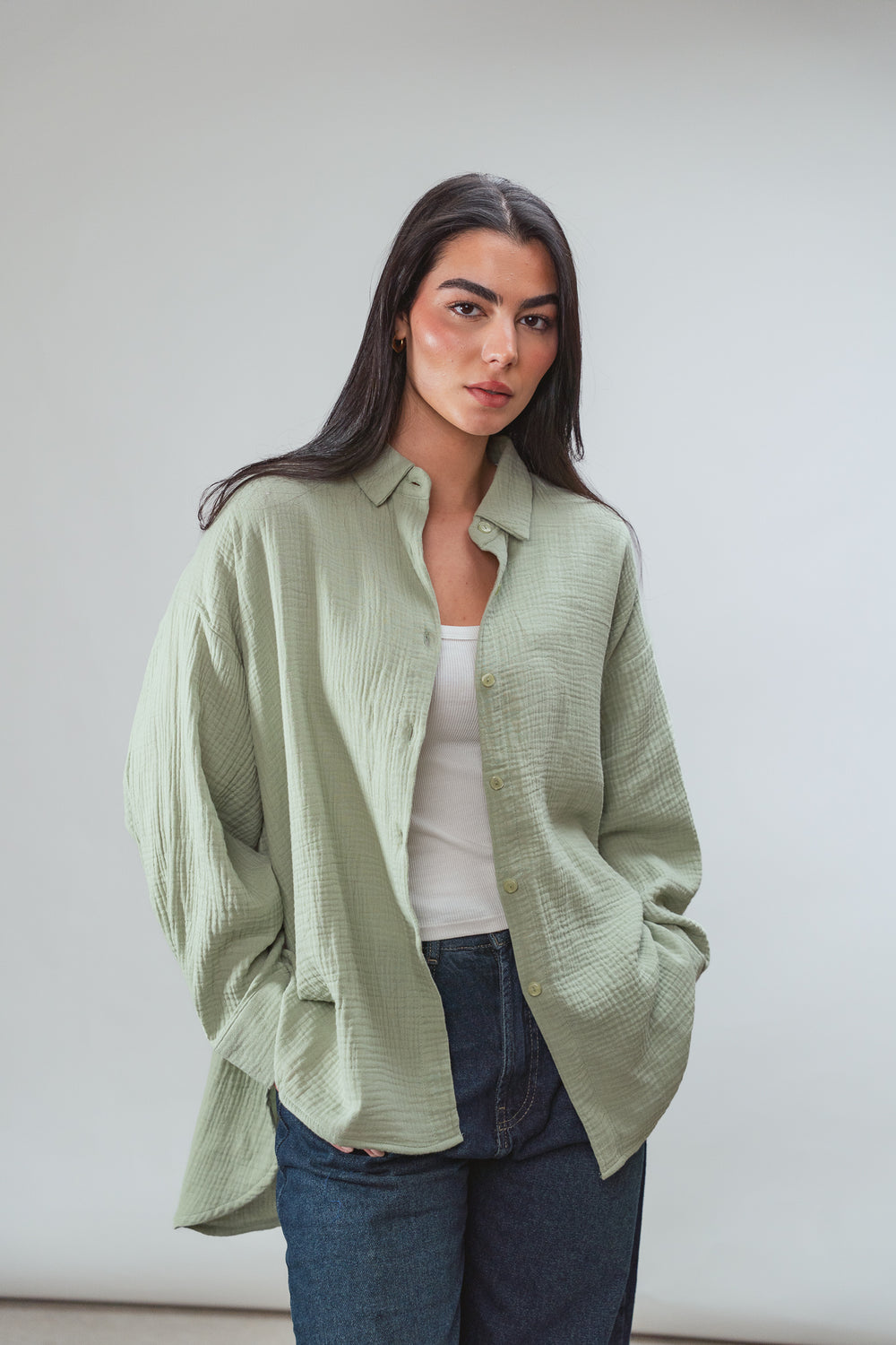 Cotton Muslin Shirt in Olive