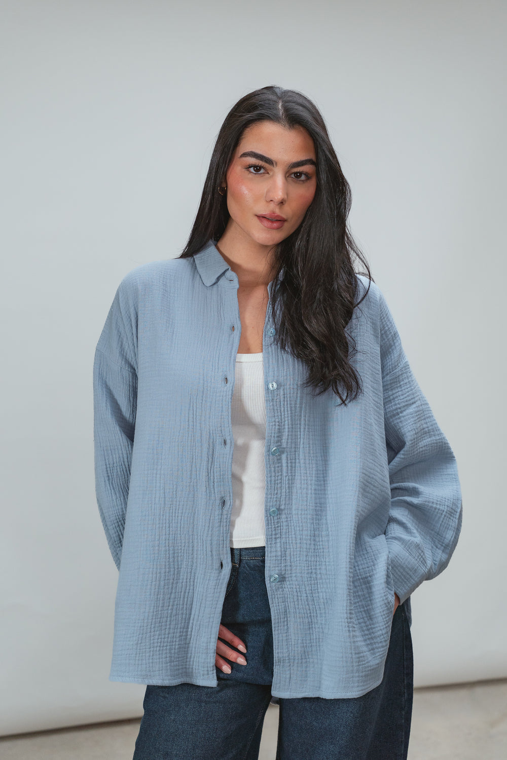 Cotton Muslin Shirt in Teal