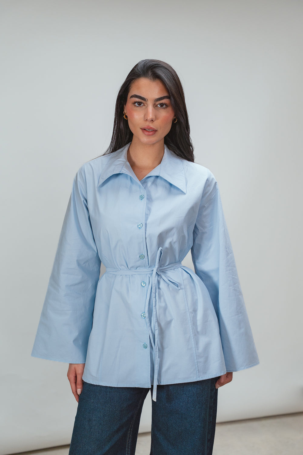 Belted Poplin Shirt in Blue