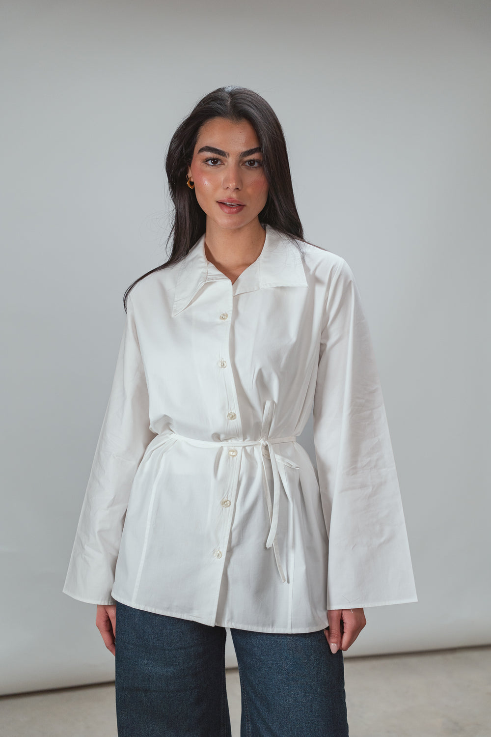 Belted Poplin Shirt in White