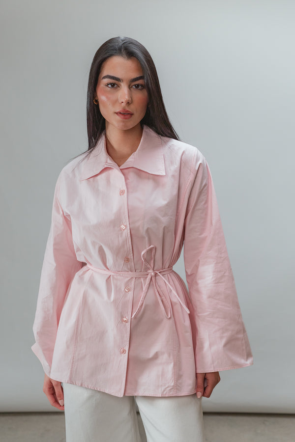 Belted Poplin Shirt in Pink